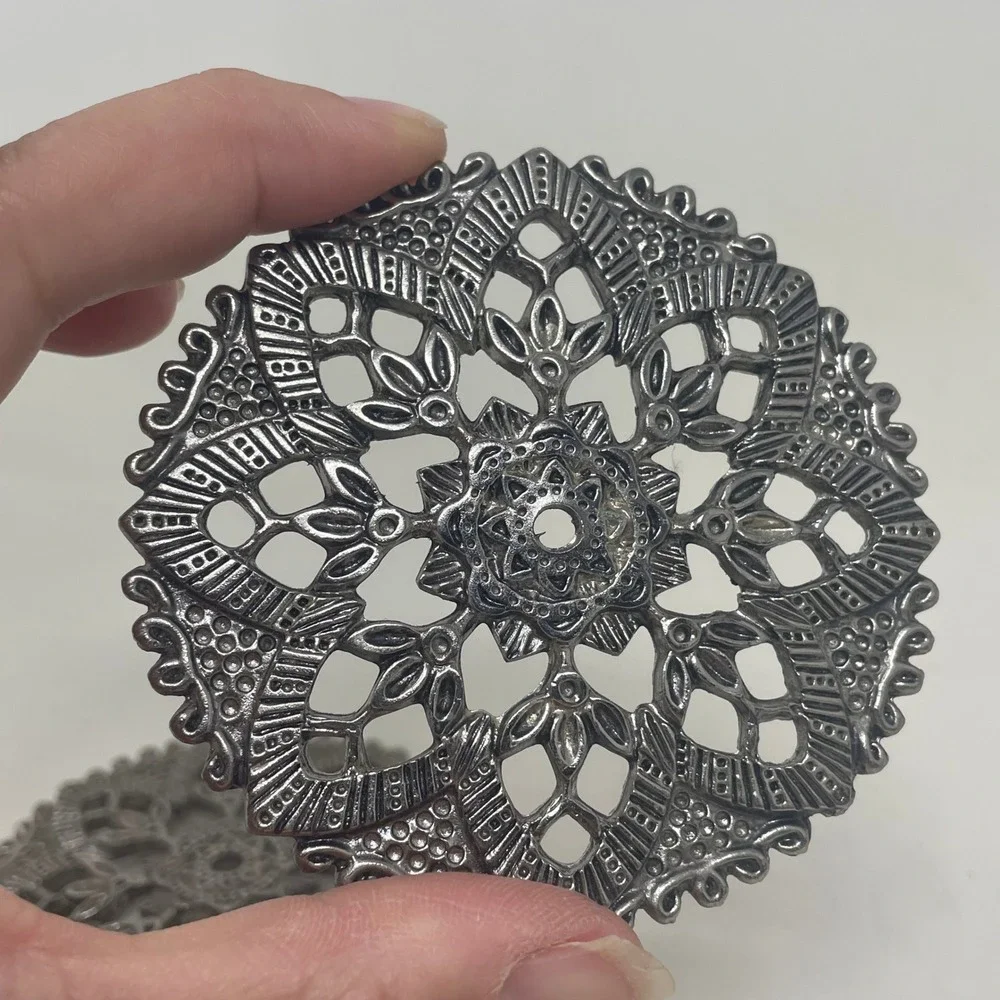 Vintage Silver Metal Filigree Mandala Coasters Set of 2 Ornate Boho Trivets 3in